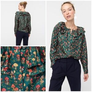 NWT J Crew Collection Silk Twill Mushroom Floral Ruffle Collar Silk Top Blouse S